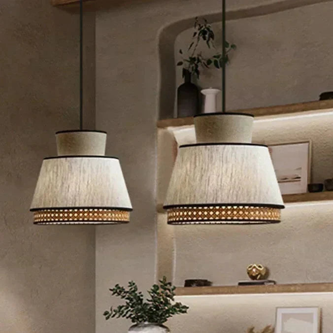 Nisu Home Light Pendant with Natural Fabric Shade and Decorative Rattan Details