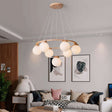 Nisu Home Light Pendant with six frosted globes and a wooden frame for modern living spaces