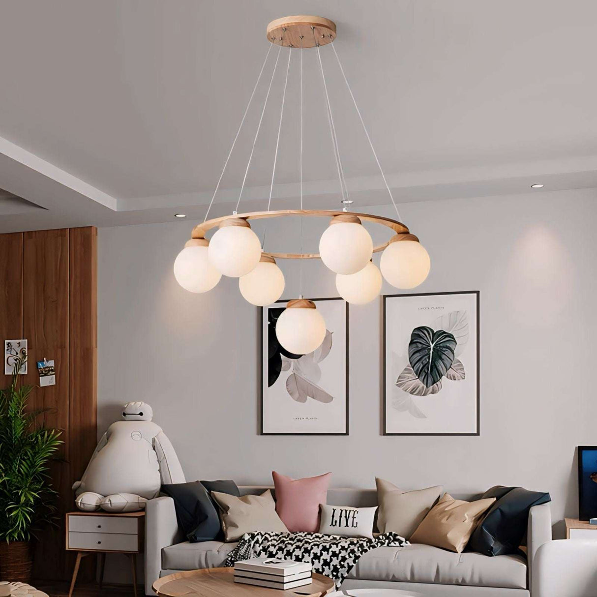 Nisu Home Light Pendant with six frosted globes and a wooden frame for modern living spaces