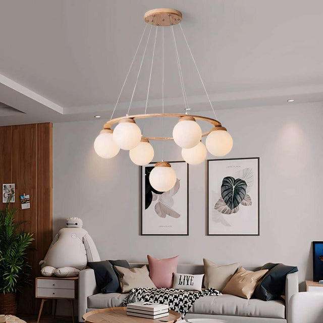 Nisu Home Light Pendant with six frosted globes and a wooden frame for modern living spaces