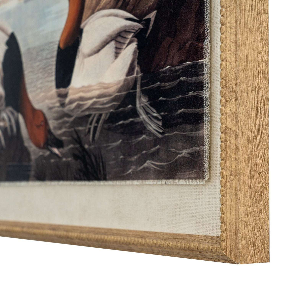 Framed Linen Artwork featuring a serene water scene with graceful swans in natural colours