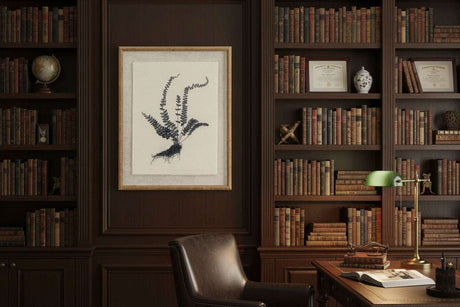 Beautiful Linen Artwork of a fern displayed in a stylish library setting with vintage books