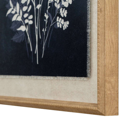 Linen Artwork featuring a floral design on a dark background with a natural wood frame