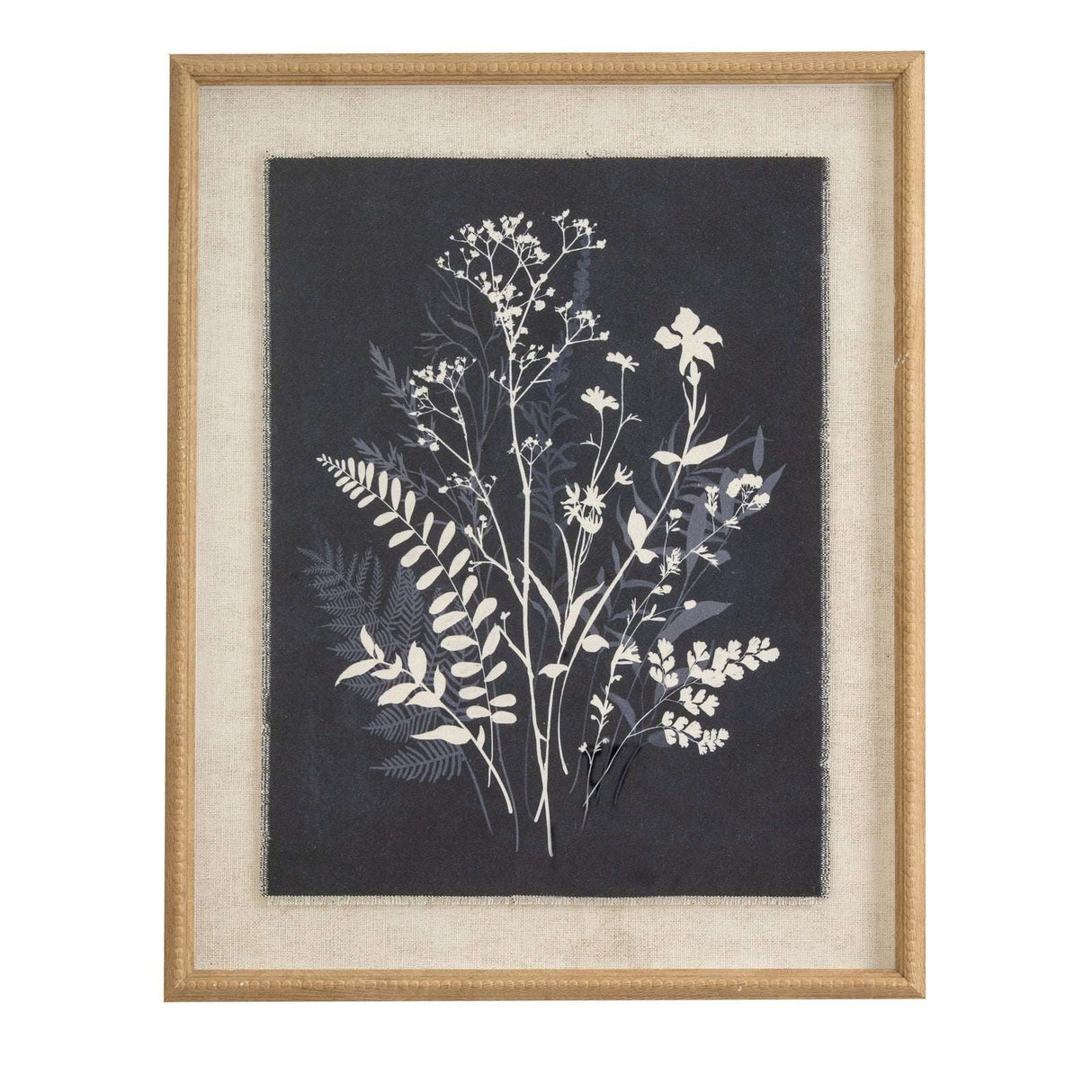 Linen Artwork featuring a botanical print with delicate white flowers on a dark background