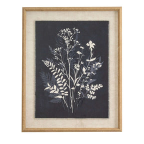 Linen Artwork featuring a botanical print with delicate white flowers on a dark background