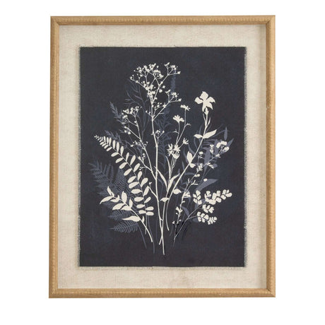Linen Artwork featuring a botanical print with delicate white flowers on a dark background