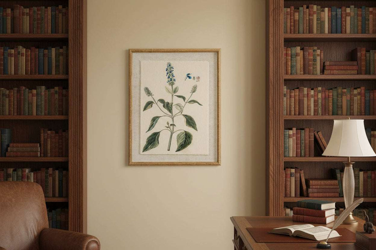 Framed Linen Artwork featuring botanical illustration in a warm library setting with bookshelves