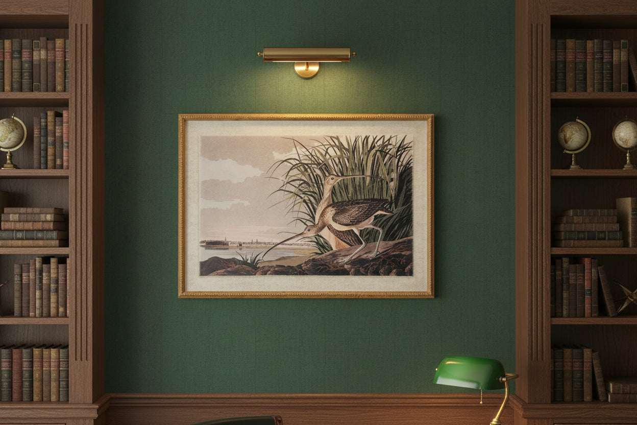 Classic Linen Artwork featuring a bird print, elegantly displayed in a library setting
