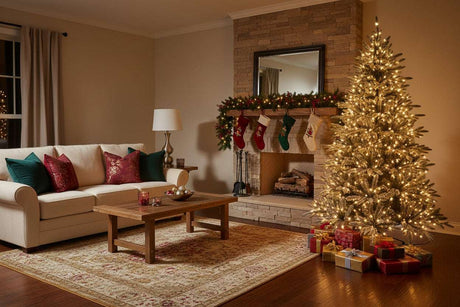 Cozy living room with a beautifully decorated Christmas Tree glowing beside festive stockings and gifts