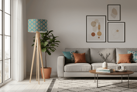 Shadow Bright decorative lampshade with geometric patterns on a modern floor lamp in a stylish living room