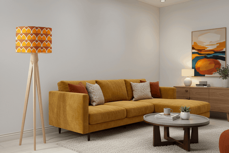 Shadow Bright lampshade featuring a geometric orange design on a stylish floor lamp in a modern living room
