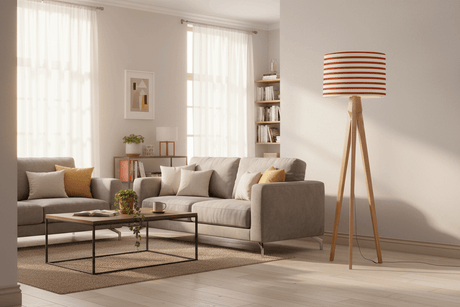 Contemporary lampshade with striped design on a wooden floor lamp in a bright living room