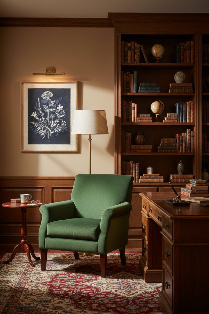 Elegant wall art featuring botanical prints in a cozy study with a green armchair and wooden desk
