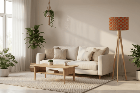 Stylish lampshade from Shadow Bright on a modern floor lamp in a bright living room
