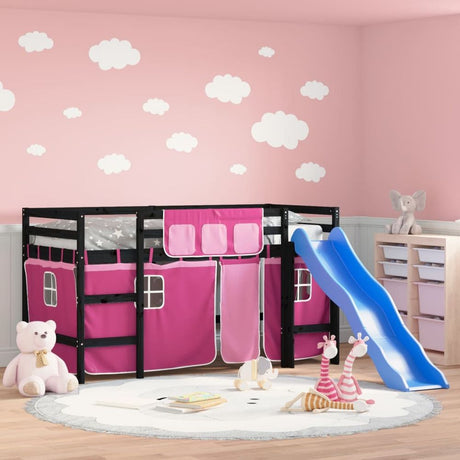 vidaXL Kids' Loft Bed with Curtains White&Black 80x200cm Solid Wood Pine black and pink vidaXL