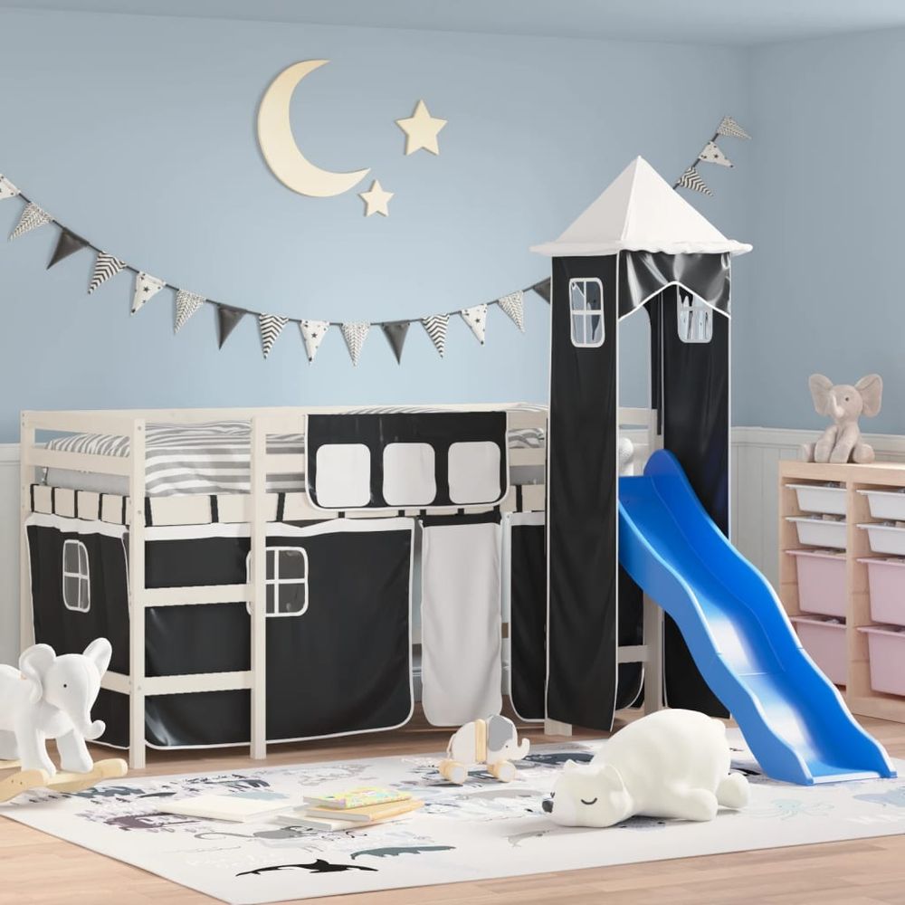 vidaXL Kids' Loft Bed with Tower White&Black 80x200cm Solid Wood Pine white and black vidaXL