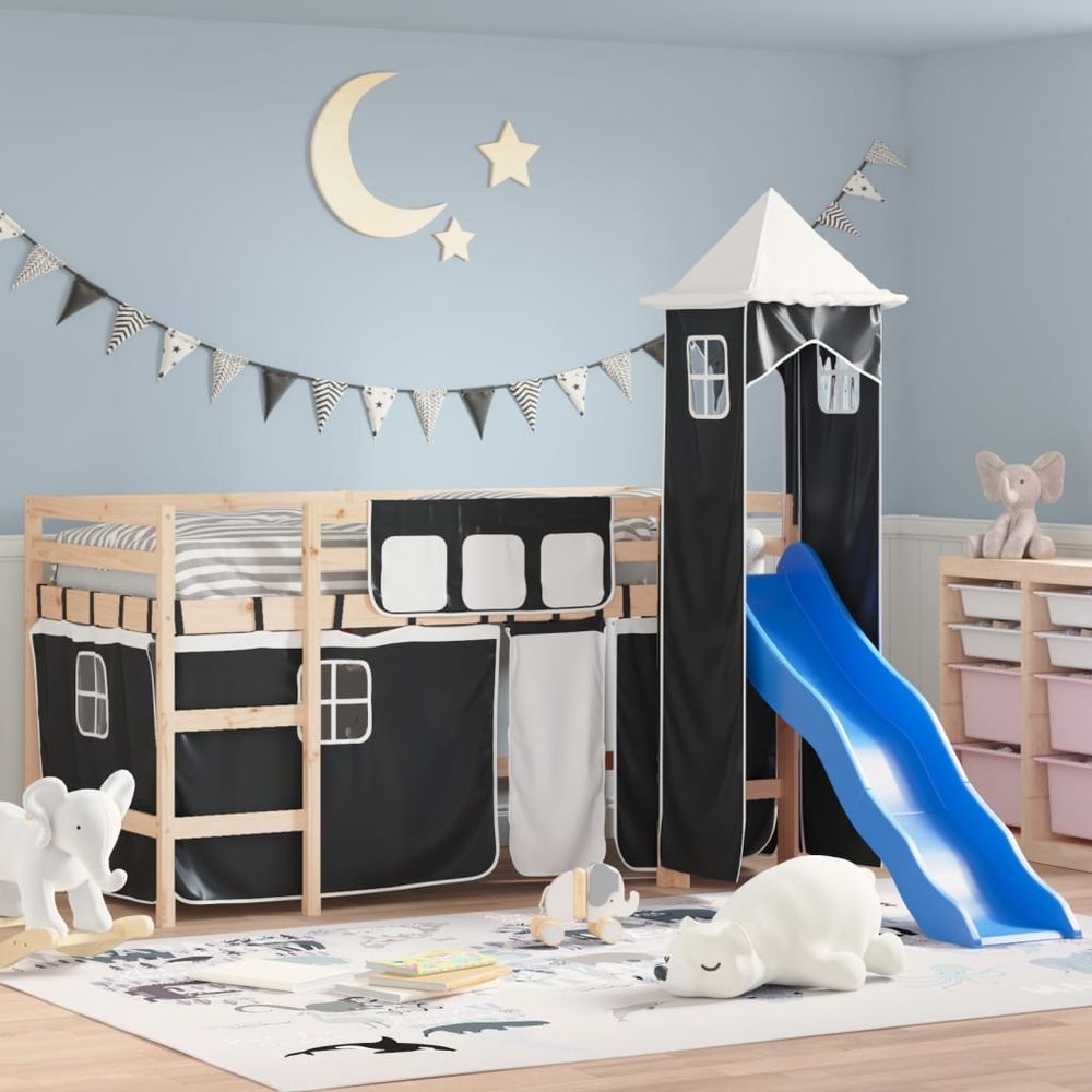 vidaXL Kids' Loft Bed with Tower White&Black 80x200cm Solid Wood Pine natural and black vidaXL
