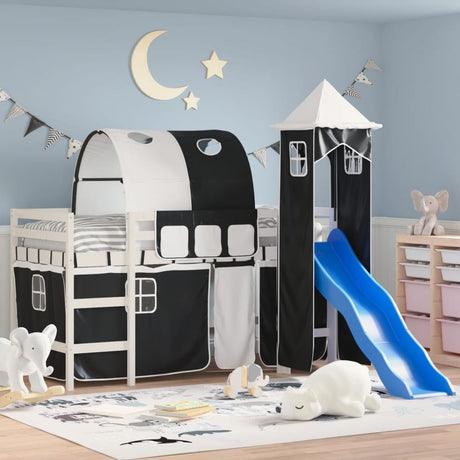 vidaXL Kids' Loft Bed with Tower White&Black 80x200cm Solid Wood Pine white and black vidaXL