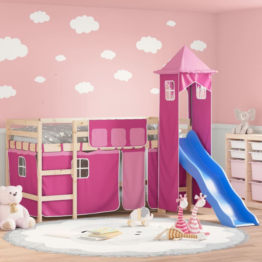vidaXL Kids' Loft Bed with Tower White&Black 80x200cm Solid Wood Pine natural and pink vidaXL