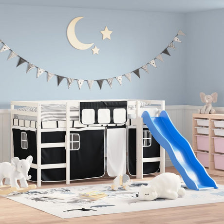 vidaXL Kids' Loft Bed with Curtains White&Black 80x200cm Solid Wood Pine white and black vidaXL