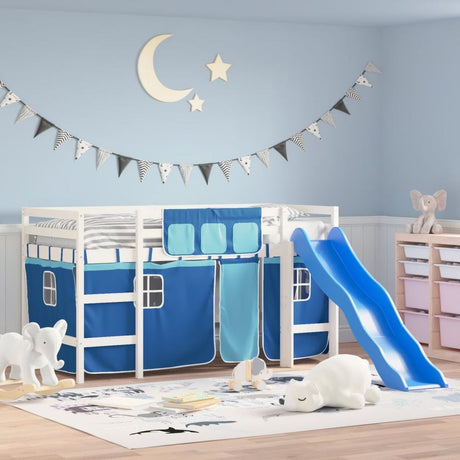 vidaXL Kids' Loft Bed with Curtains White&Black 80x200cm Solid Wood Pine white and blue vidaXL