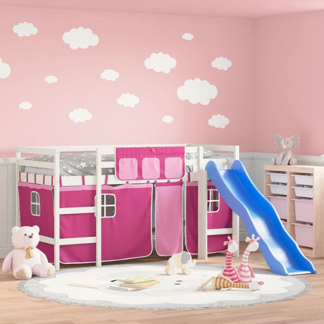 vidaXL Kids' Loft Bed with Curtains White&Black 80x200cm Solid Wood Pine white and pink vidaXL