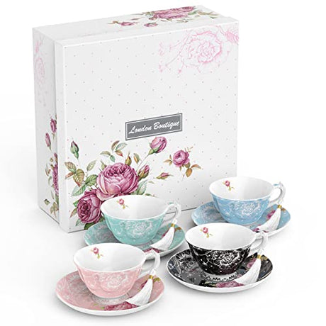 London Boutique Lifestyle Afternoon Tea Set with four decorative cups and saucers in pastel and black designs