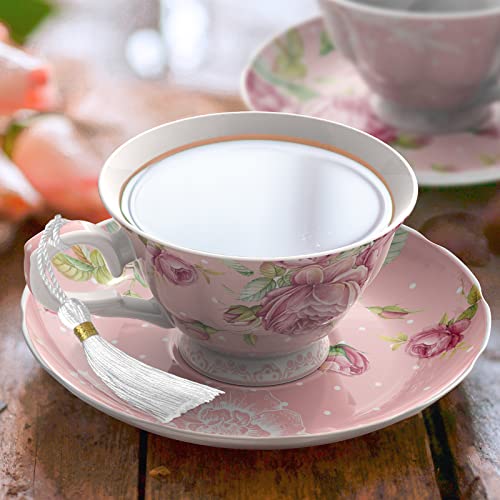 Elegant Afternoon Tea Set featuring a floral patterned cup and saucer in soft pink tones