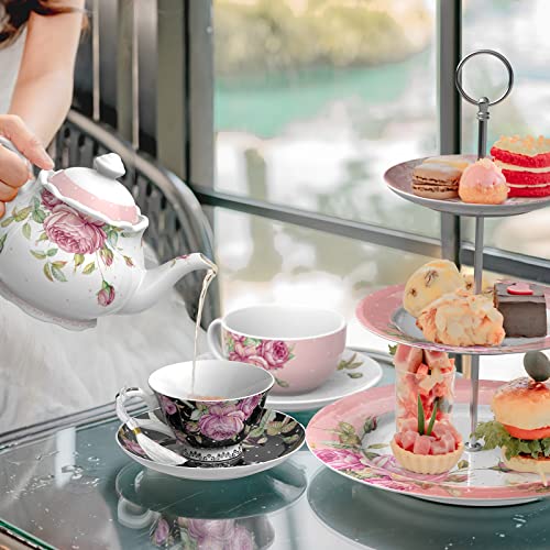 Elegant Afternoon Tea Set with floral teapot, fine china cups, and a tiered cake stand featuring pastries
