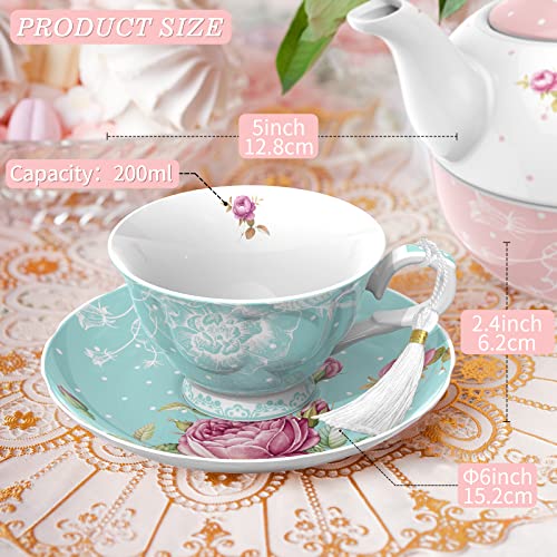Elegant Afternoon Tea Set featuring a decorative cup and saucer in turquoise with floral design