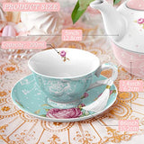 Elegant Afternoon Tea Set featuring a decorative cup and saucer in turquoise with floral design