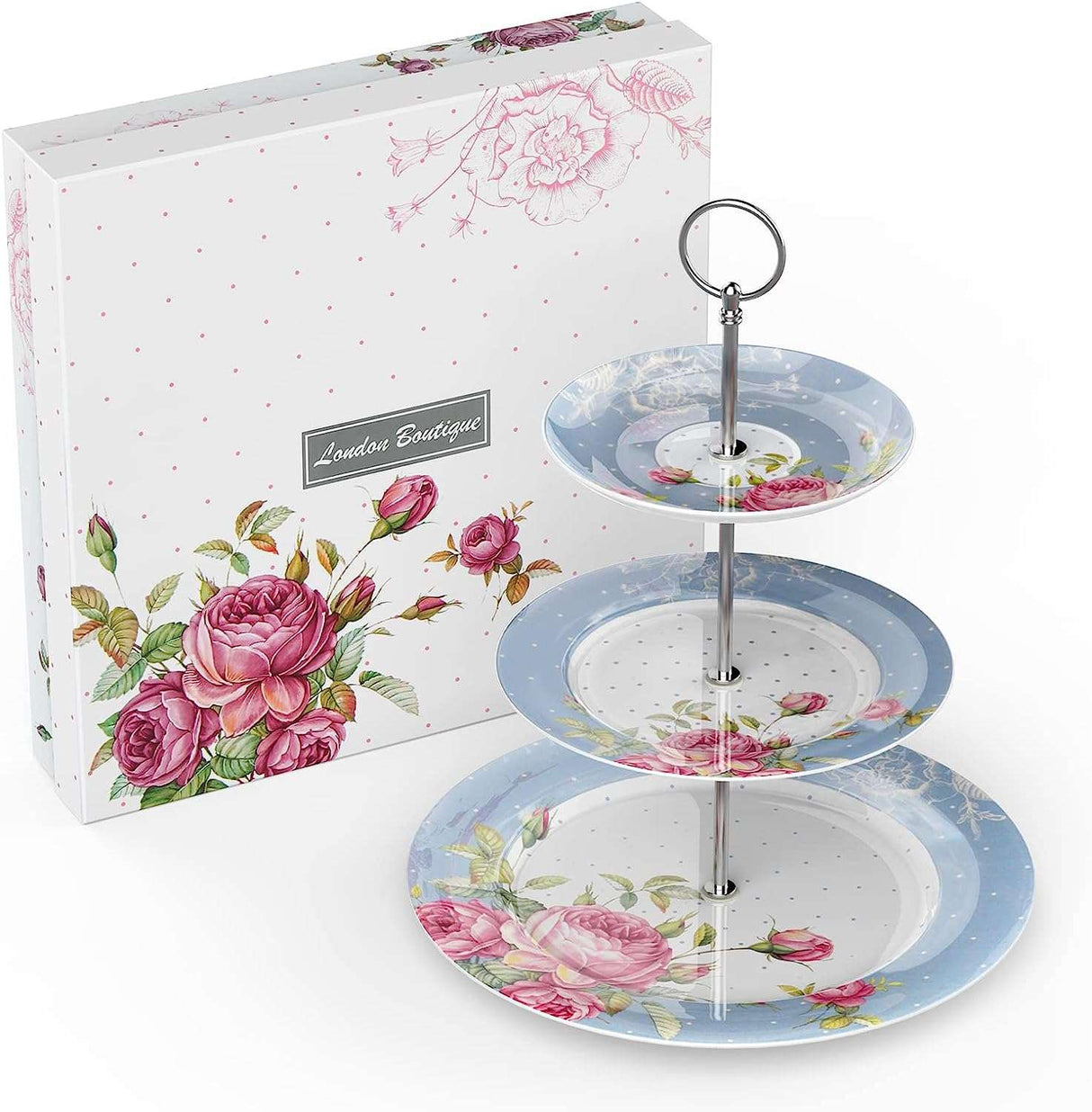 Elegant three-tier Cake Stand from London Boutique Lifestyle with floral design and gift box