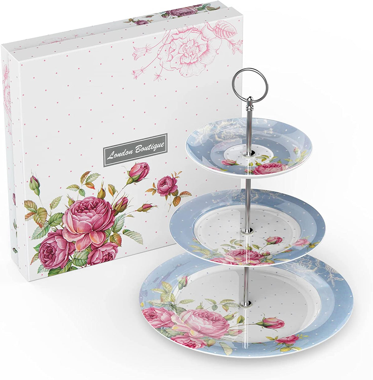 Three-Tier Cake Stand with Floral Design from London Boutique Lifestyle in Gift Box