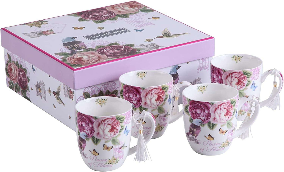 Stylish Mugs Set with Floral Design and Butterfly Accents in Decorative Box from London Boutique Lifestyle