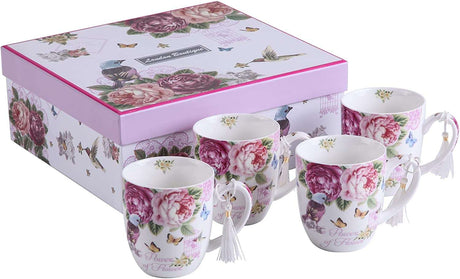 Stylish Mugs Set with Floral Design and Butterfly Accents in Decorative Box from London Boutique Lifestyle