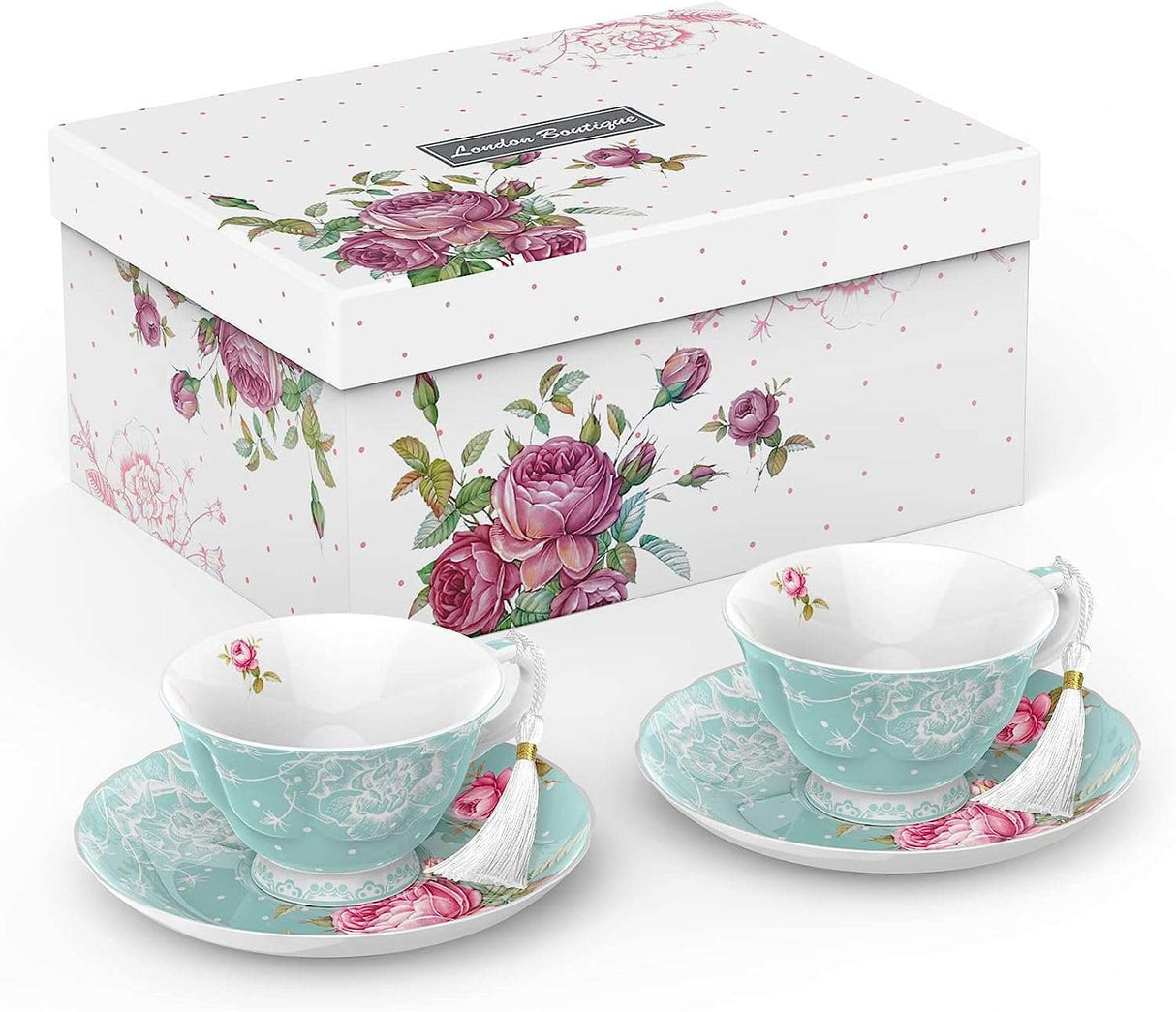 Elegant tea cups and saucers set by London Boutique Lifestyle, perfect for display on a cake stand