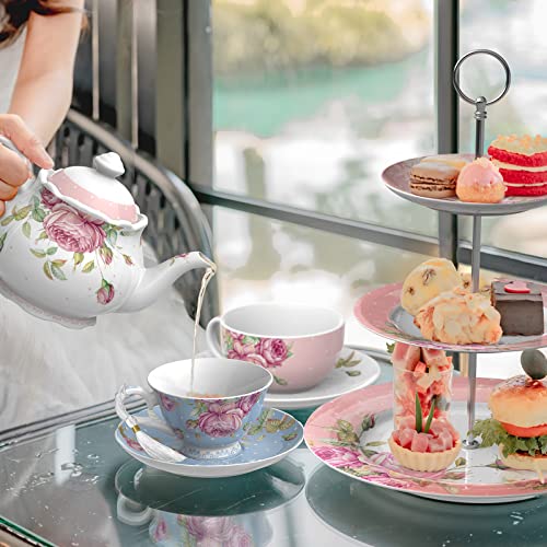 Elegant Afternoon Tea Set including floral teapot, cups, and tiered stand with pastries