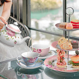 Elegant Afternoon Tea Set including floral teapot, cups, and tiered stand with pastries