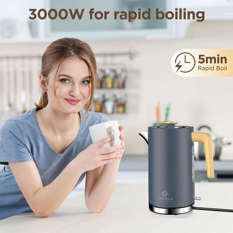 London Boutique Lifestyle Electric Kettle in grey with 3000W for rapid boiling, perfect for tea lovers