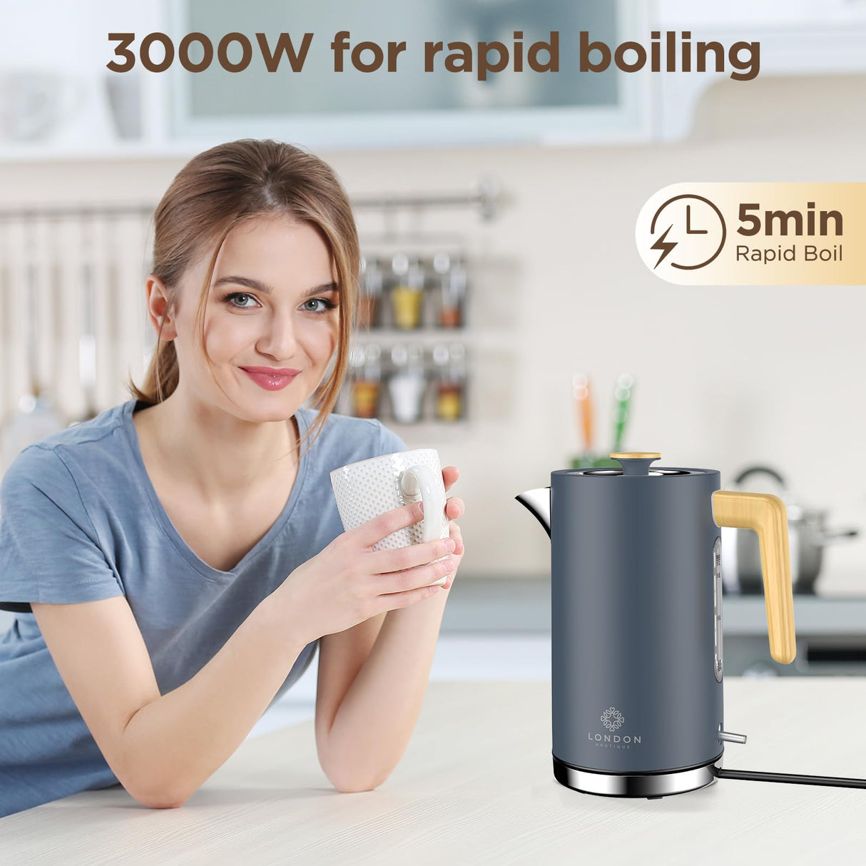 London Boutique Lifestyle Electric Kettle in grey with 3000W for rapid boiling, perfect for tea lovers