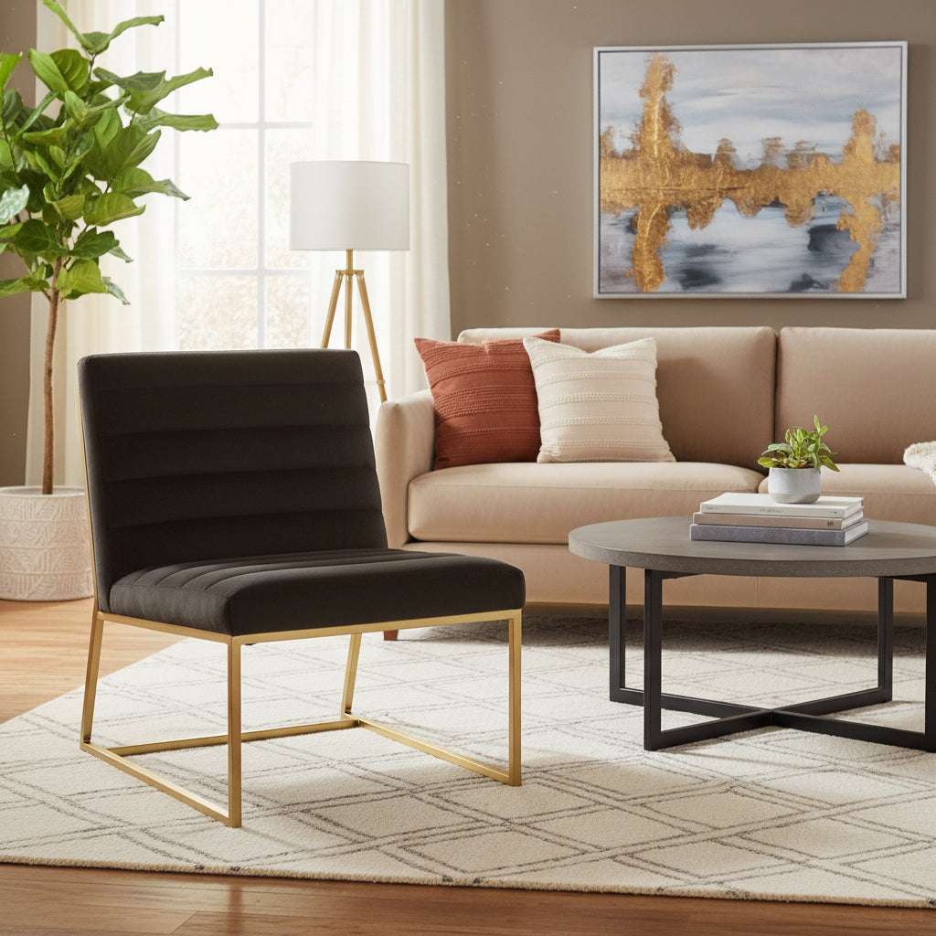 Stylish Orsina Lounge Chair with a sleek black design and gold metal frame in a modern living room