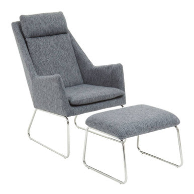 Orsina Lounge Chair with Matching Footstool in Grey Fabric and Sleek Metal Legs
