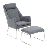 Orsina Lounge Chair with Matching Footstool in Grey Fabric and Sleek Metal Legs