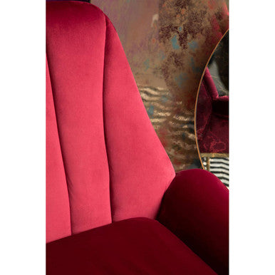 Close-up of Orsina Lounge Chair in rich red fabric highlighting its elegant design and comfort