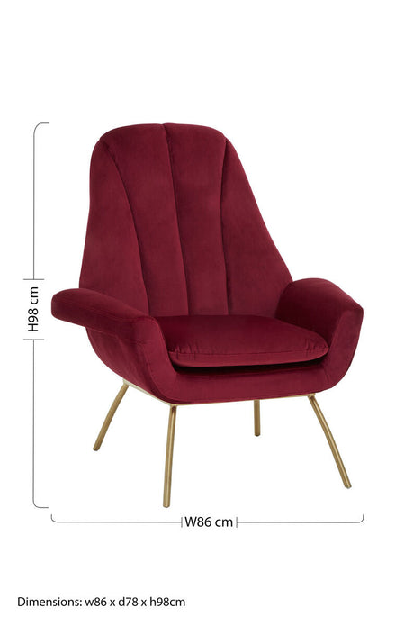 Orsina Lounge Chair in Red with Elegant Gold Legs and Plush Design for Modern Interiors