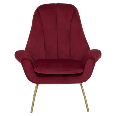 Orsina Lounge Chair in burgundy velvet with elegant gold legs for stylish living rooms