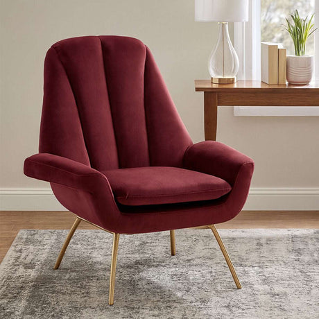 Orsina Lounge Chair in Burgundy Velvet with Modern Design and Gold Legs for Stylish Interiors