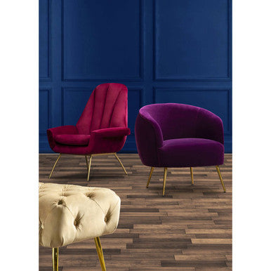 Orsina Lounge Chair in vibrant purple velvet with modern gold legs for stylish home decor
