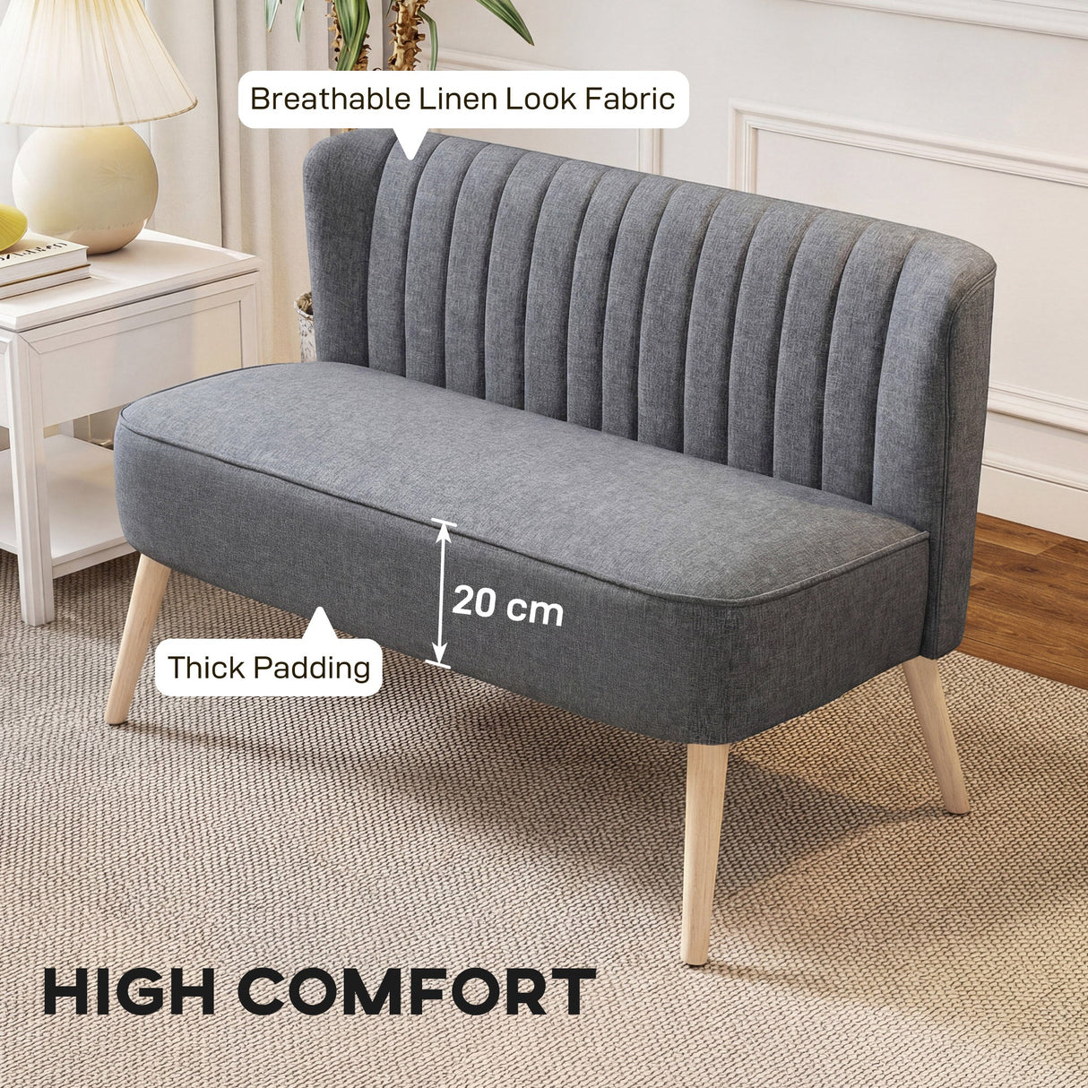 Stylish Grey Loveseat Sofa with Thick Padding and Breathable Linen Look Fabric for High Comfort