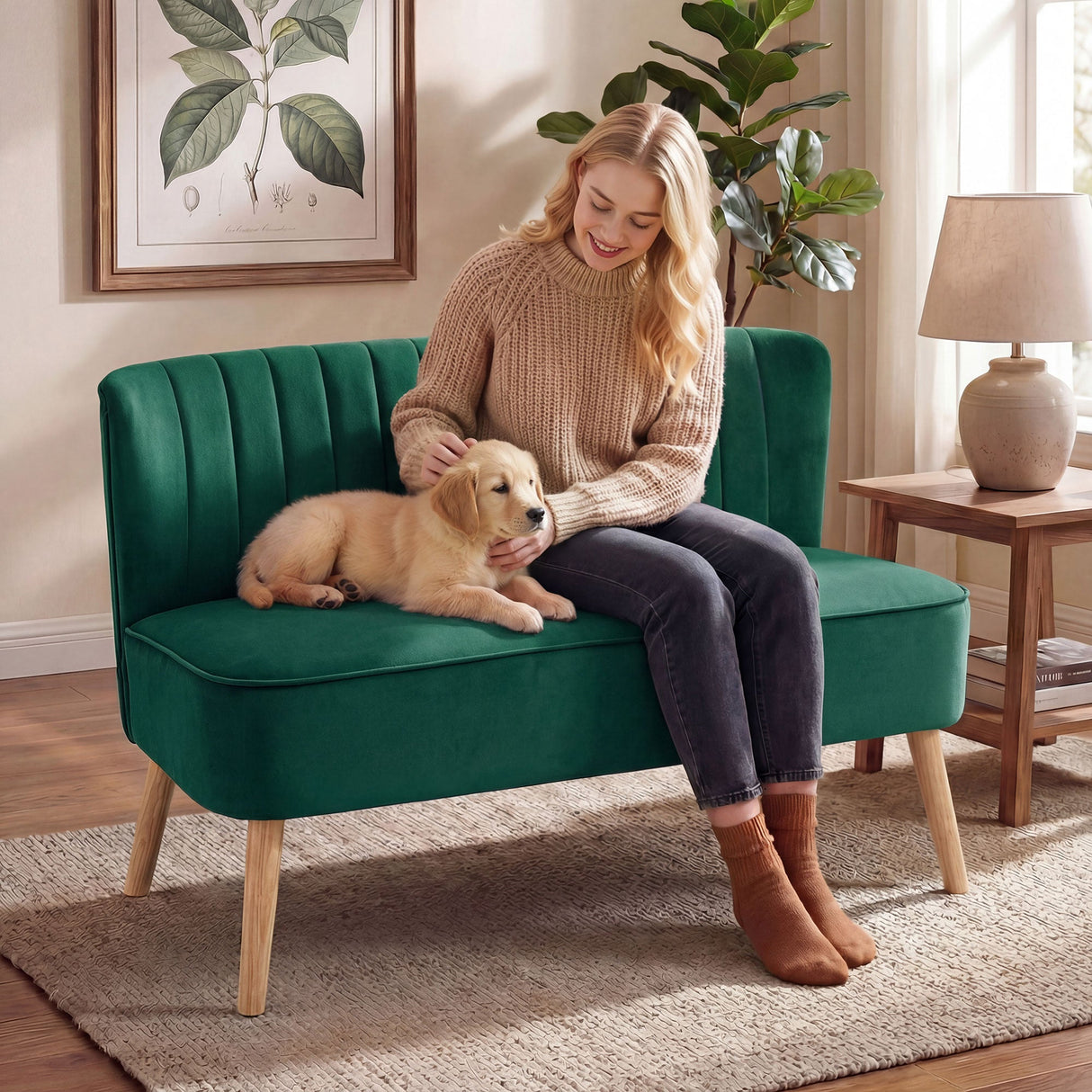 Wise Galleria Loveseat Sofa in Green Fabric with Modern Design, Perfect for Pet Lovers